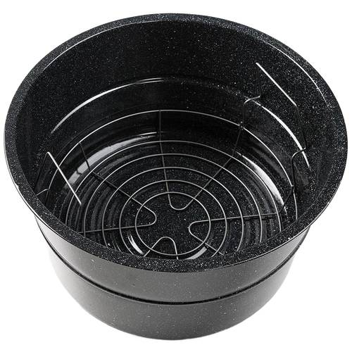 Large black speckled enamelware canner with durable steel construction and a removable wire rack, designed for water bath canning and cooking in Kitchen & Food and Food Preservation collections.