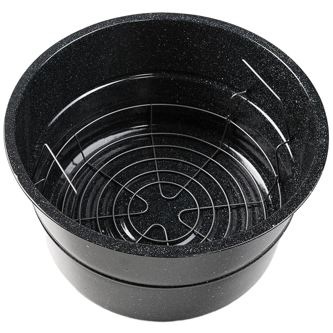 Large black speckled enamelware canner with durable steel construction and a removable wire rack, designed for water bath canning and cooking in Kitchen & Food and Food Preservation collections.