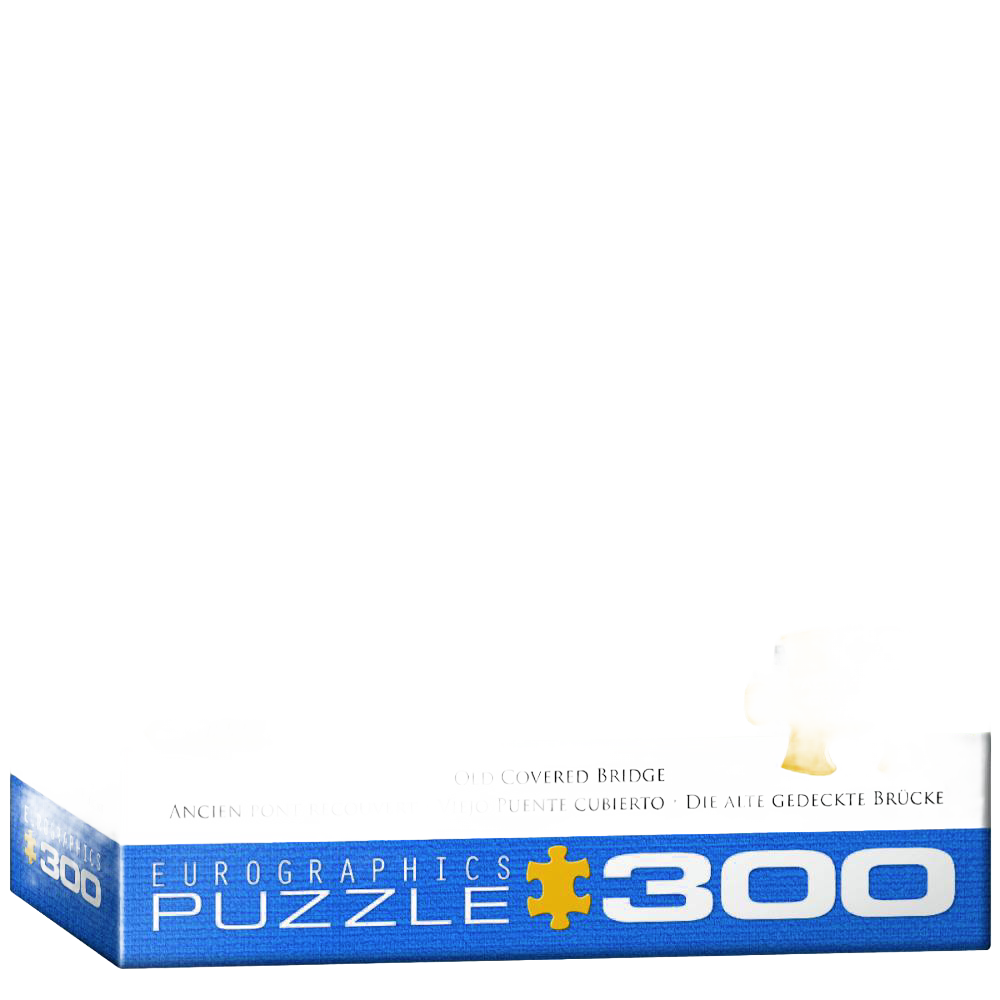 Partially assembled 300-piece puzzle showcasing a vintage covered bridge scene made from recycled chip board with vegetable-based ink, featured in Toys, Books & Games and USA Made collections.