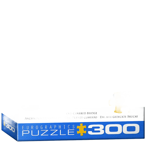 Partially assembled 300-piece puzzle showcasing a vintage covered bridge scene made from recycled chip board with vegetable-based ink, featured in Toys, Books & Games and USA Made collections.