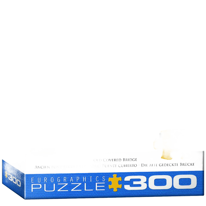 Partially assembled 300-piece puzzle showcasing a vintage covered bridge scene made from recycled chip board with vegetable-based ink, featured in Toys, Books & Games and USA Made collections.