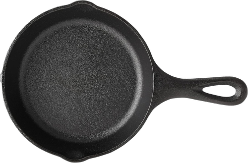 Small 6.5-inch cast iron skillet with a howling wolf design on the cooking surface, handcrafted in the USA, perfect for Kitchen & Food, Cookware, Cast Iron, and Best Sellers collections.
