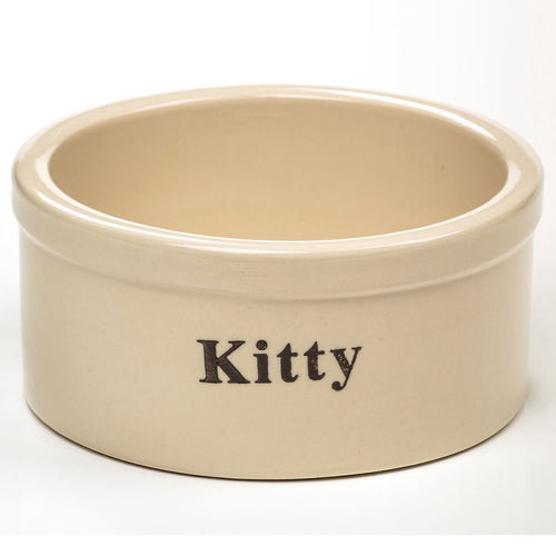 Glossy natural stoneware pet bowl labeled "Kitty," handcrafted in the USA for sturdy use in pet supplies, Home & Decor, Best Sellers, and Promo Eligible collections.
