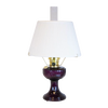 Handcrafted amethyst oil lamp with a distinctive Lincoln drape font design, brass fittings, and a 14-inch white pleated cloth shade, featured in Lamps & Lighting, Oil Lamps, and Best Sellers collections.
