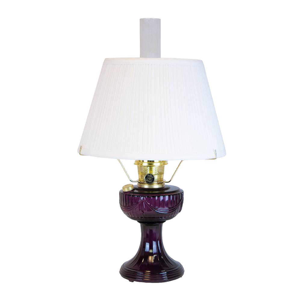 Handcrafted amethyst oil lamp with a distinctive Lincoln drape font design, brass fittings, and a 14-inch white pleated cloth shade, featured in Lamps & Lighting, Oil Lamps, and Best Sellers collections.