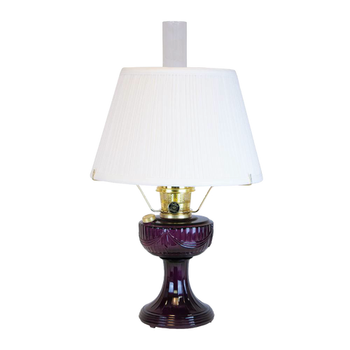 Handcrafted amethyst oil lamp with a distinctive Lincoln drape font design, brass fittings, and a 14-inch white pleated cloth shade, featured in Lamps & Lighting, Oil Lamps, and Best Sellers collections.