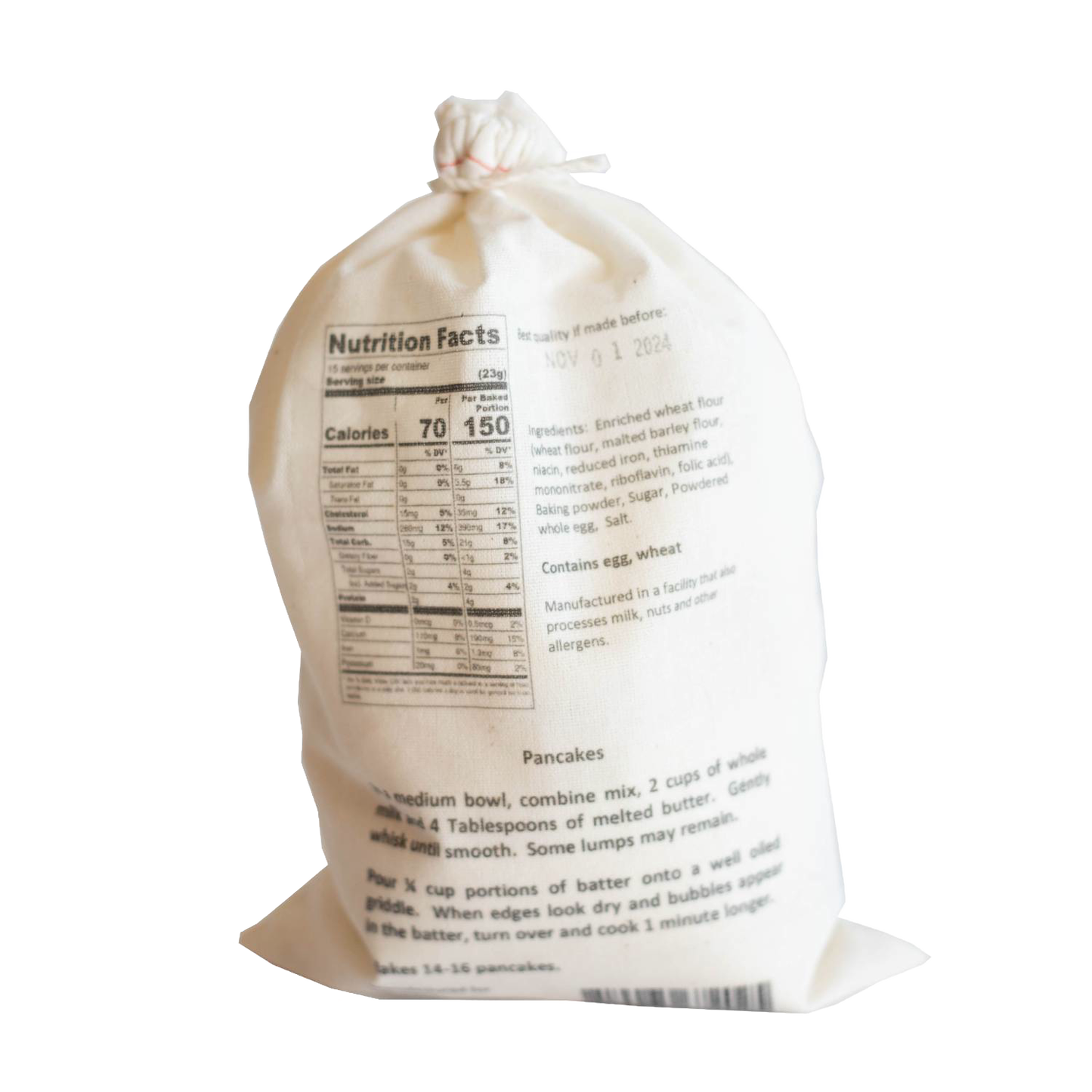 Cloth bag of handcrafted pancake mix featuring nutrition facts and ingredients label, ideal for Kitchen & Food, Pantry, Dry Goods and Mixes, Best Sellers, and Promo Eligible collections.