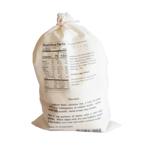 Cloth bag of handcrafted pancake mix featuring nutrition facts and ingredients label, ideal for Kitchen & Food, Pantry, Dry Goods and Mixes, Best Sellers, and Promo Eligible collections.