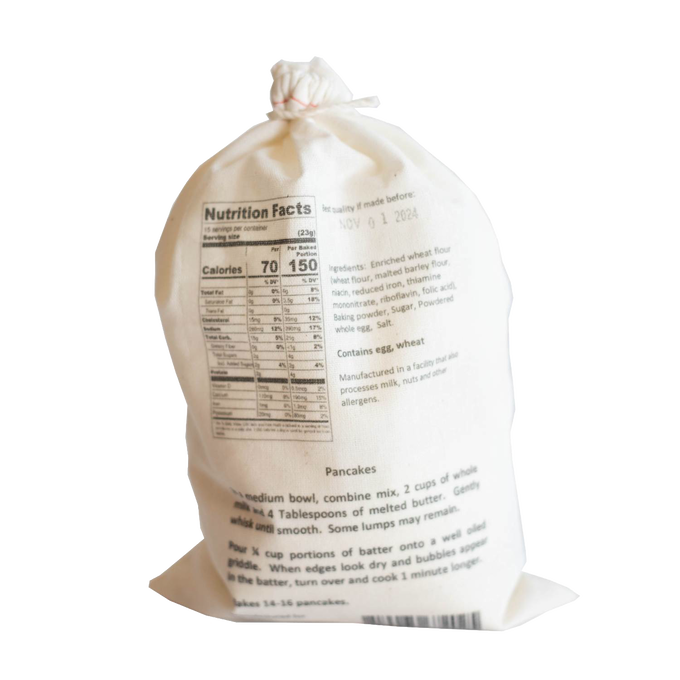 Cloth bag of handcrafted pancake mix featuring nutrition facts and ingredients label, ideal for Kitchen & Food, Pantry, Dry Goods and Mixes, Best Sellers, and Promo Eligible collections.
