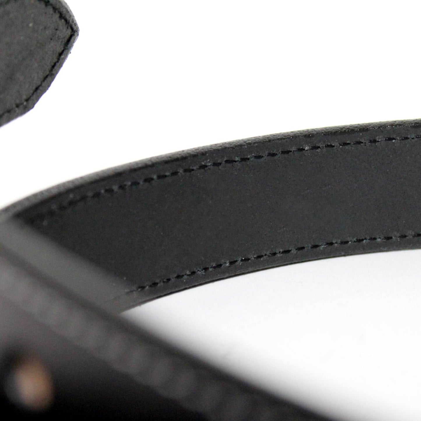 Close-up of a handcrafted black genuine English bridle leather belt with neat stitching, Amish made in the USA, featured in Clothing and Accessories, Best Sellers, and Promo Eligible collections.
