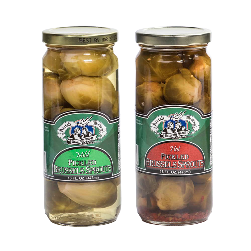 Two glass jars of seasoned pickled brussels sprouts, one labeled mild and the other hot, made in USA, perfect for Kitchen & Food, Pantry, Food, Best Sellers, and Promo Eligible collections.