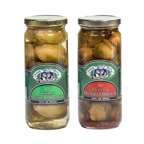 Two glass jars of seasoned pickled brussels sprouts, one labeled mild and the other hot, made in USA, perfect for Kitchen & Food, Pantry, Food, Best Sellers, and Promo Eligible collections.