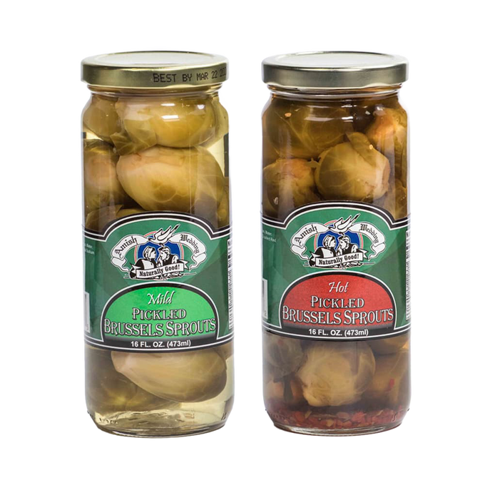 Two glass jars of seasoned pickled brussels sprouts, one labeled mild and the other hot, made in USA, perfect for Kitchen & Food, Pantry, Food, Best Sellers, and Promo Eligible collections.