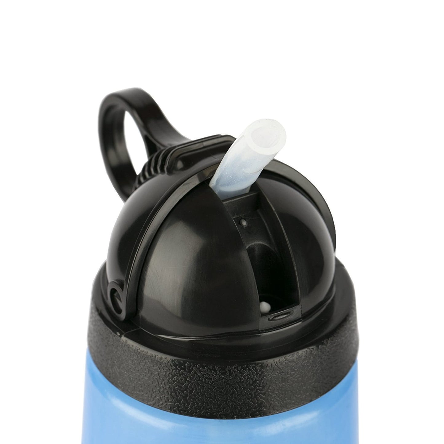 Close-up of a durable blue water filter bottle top with a black flip-up spout and a loop handle, designed for outdoor use and emergency supplies.