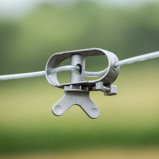 Handcrafted rustproof zinc pulley securely attached to durable plastic coated stranded wire cable for outdoor laundry use, featured in Home & Decor and Laundry Supplies collections.