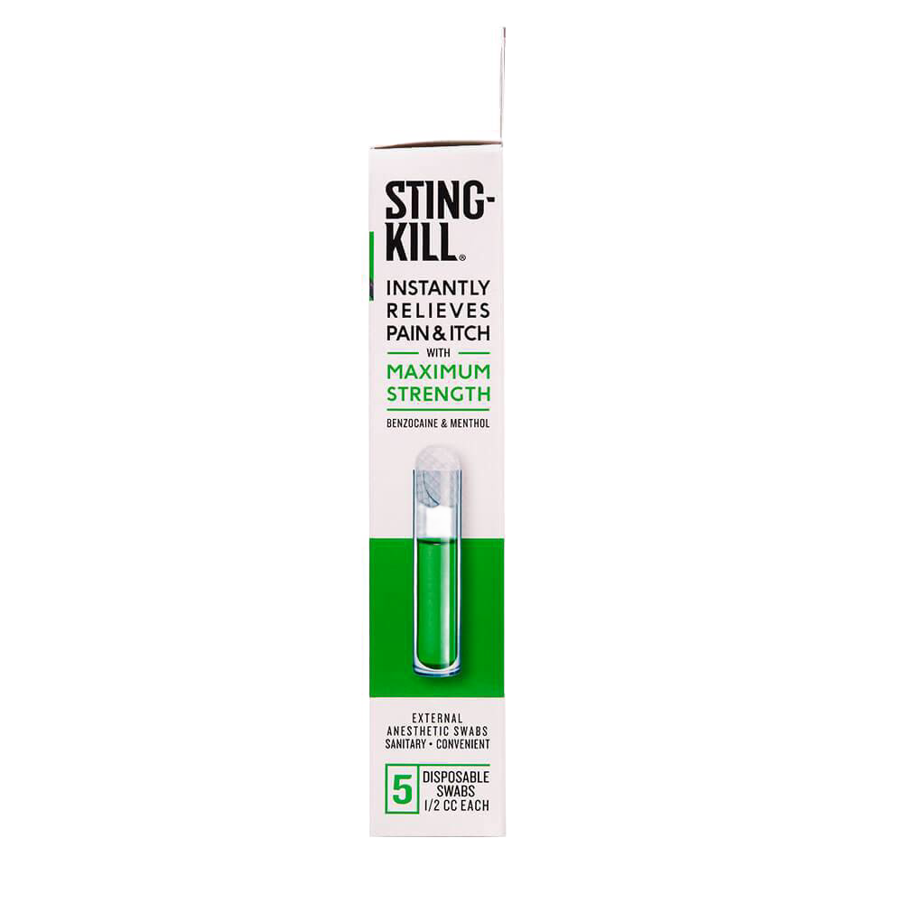 Slim white and green box of disposable anesthetic swabs containing benzocaine and menthol, designed to quickly relieve sting pain and itching, made in USA, ideal for Health & Wellness, Camping, and Pest Control collections.