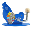 Blue metal gravity-operated egg scale shaped like a chicken with a wooden knob, designed for weighing and grading eggs in ounces and grams, ideal for farm and animal care use.