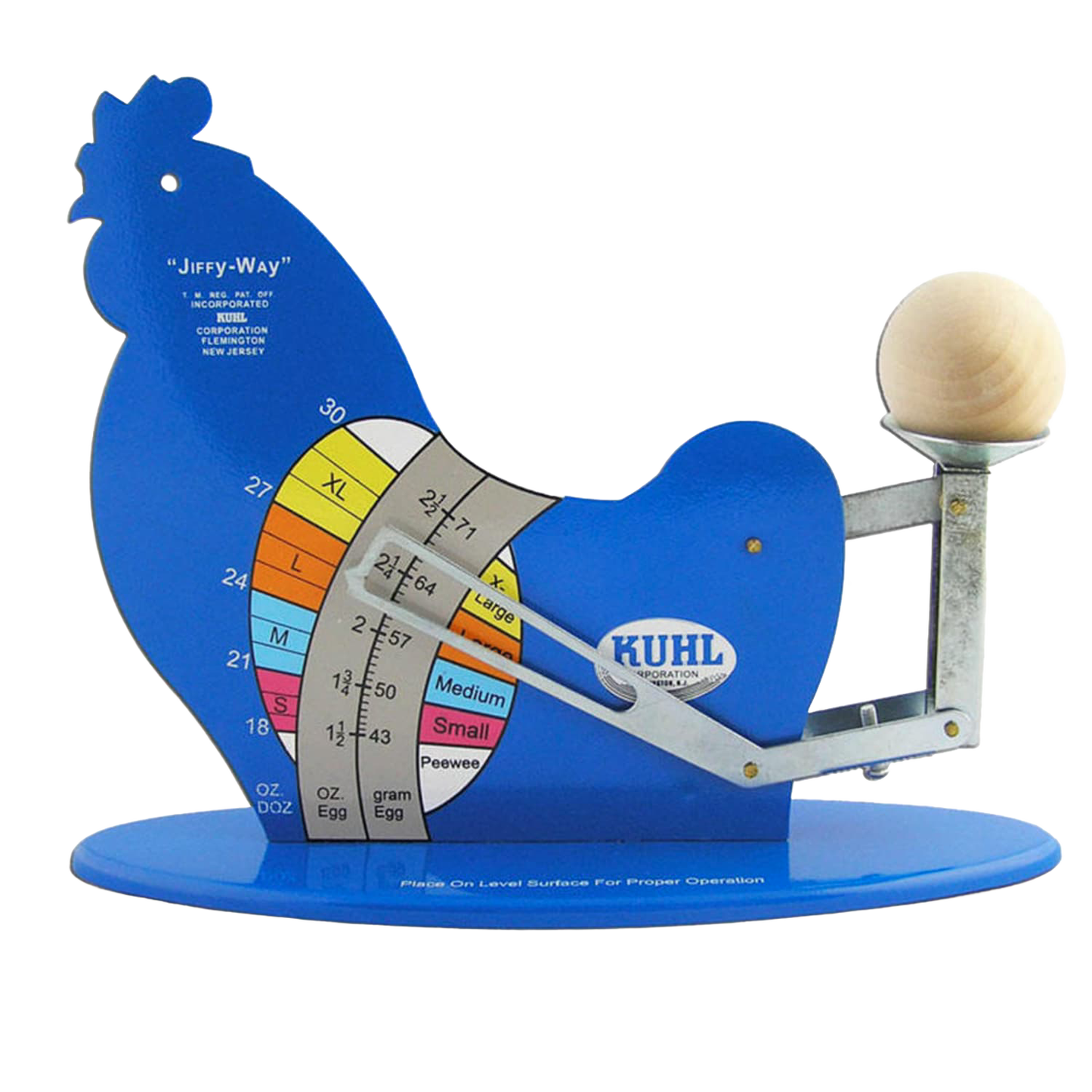 Blue metal gravity-operated egg scale shaped like a chicken with a wooden knob, designed for weighing and grading eggs in ounces and grams, ideal for farm and animal care use.