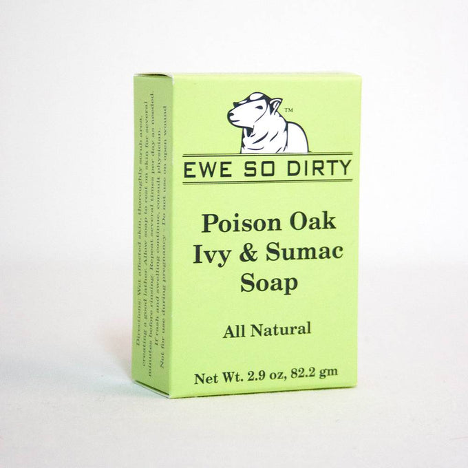 Handcrafted all-natural soap in a pale green box, designed for soothing relief from poison oak, ivy, and sumac irritation, featured in Health & Wellness, Soaps, USA Made, Best Sellers collections.