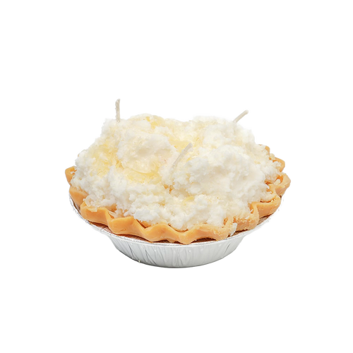 Handcrafted scented coconut cream pie dessert candle with textured whipped topping and wick, made in USA, featured in Home & Decor, Best Sellers, and Promo Eligible collections.