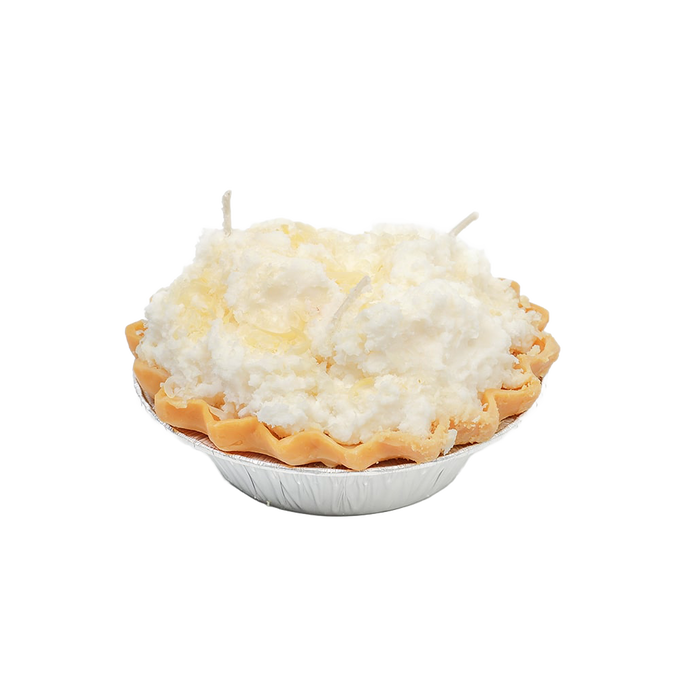 Handcrafted scented coconut cream pie dessert candle with textured whipped topping and wick, made in USA, featured in Home & Decor, Best Sellers, and Promo Eligible collections.