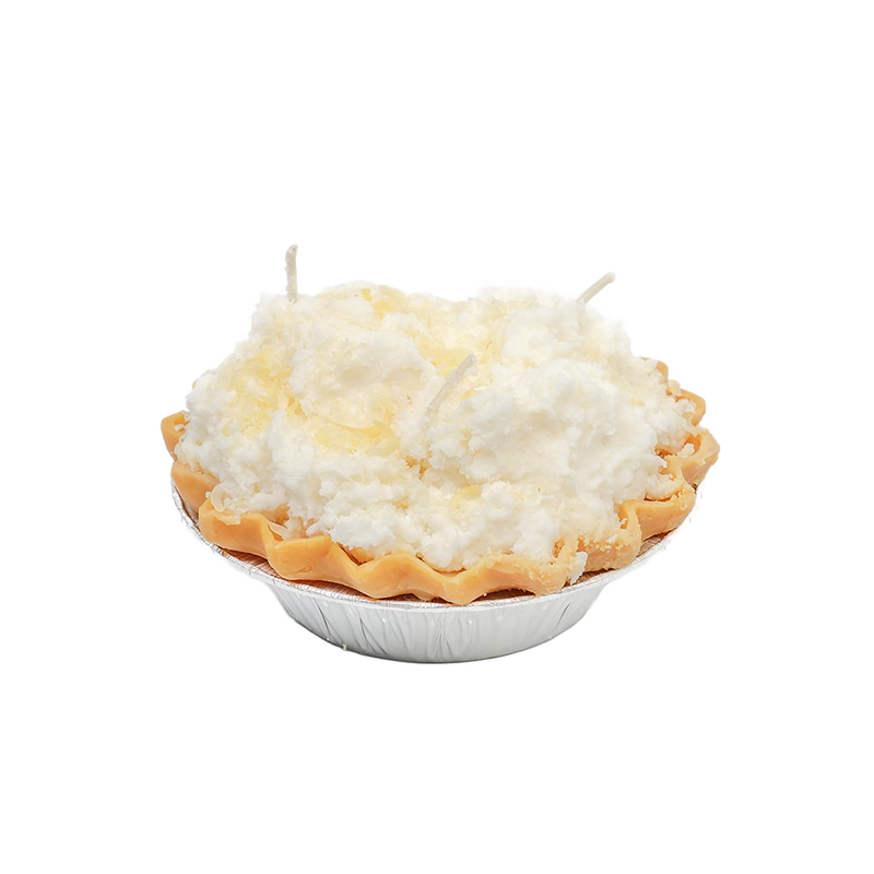 Handcrafted scented coconut cream pie dessert candle with textured whipped topping and wick, made in USA, featured in Home & Decor, Best Sellers, and Promo Eligible collections.