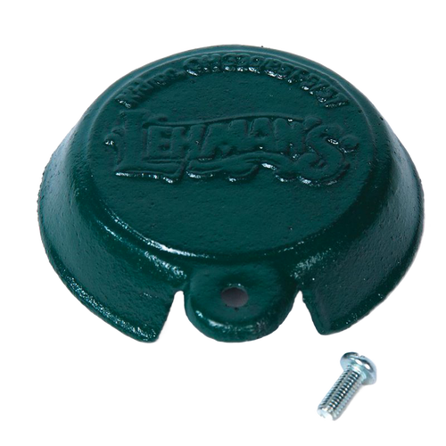 Dark green cast iron replacement cap for Lehman's Reading 78 apple peeler, accompanied by a small metal screw, part of Farm, Garden & Tool and Apple Harvest Supplies collections.