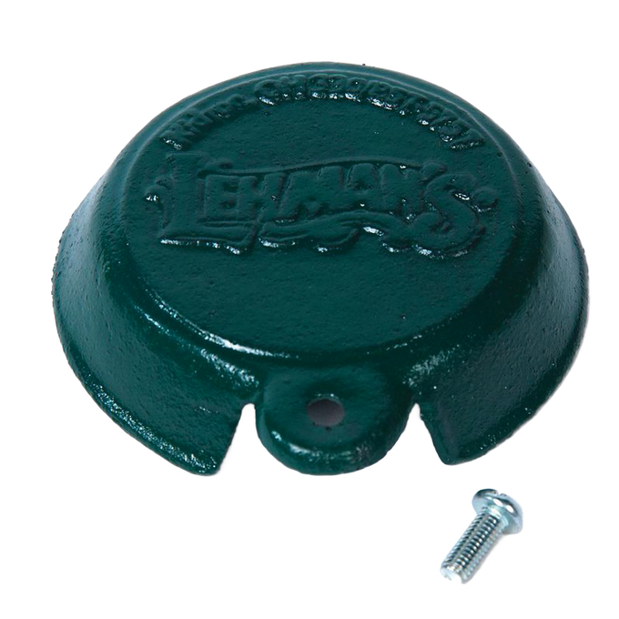 Dark green cast iron replacement cap for Lehman's Reading 78 apple peeler, accompanied by a small metal screw, part of Farm, Garden & Tool and Apple Harvest Supplies collections.