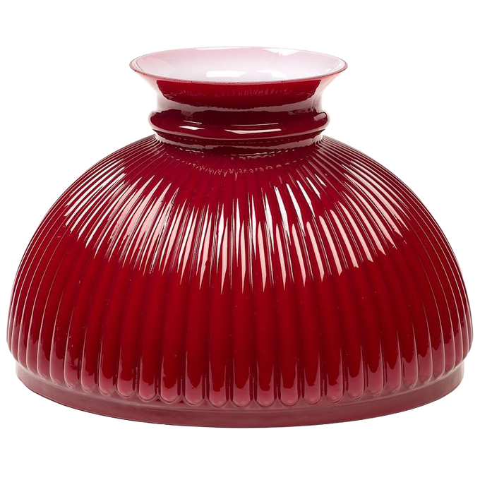 Glossy ruby red ribbed glass lamp shade with a flared white rim, handcrafted for use with 10-inch Aladdin lamp rings, ideal for Lamps & Lighting and Lamp Shades collections.