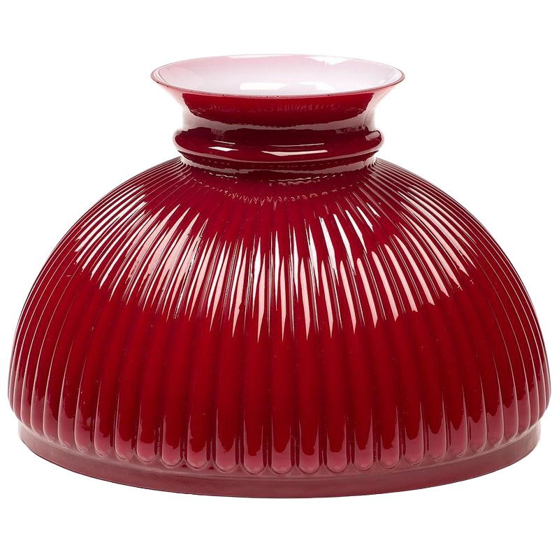 Glossy ruby red ribbed glass lamp shade with a flared white rim, handcrafted for use with 10-inch Aladdin lamp rings, ideal for Lamps & Lighting and Lamp Shades collections.