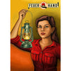 Vintage-inspired tin plate sign featuring a woman in a red shirt holding a lit lantern against a warm yellow and orange background, perfect for Home & Decor collections.