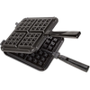 Square cast aluminum stovetop waffle iron with deep-pocket grids and heatproof black handles, non-stick coated and made in USA, ideal for Kitchen & Food and Cookware collections.