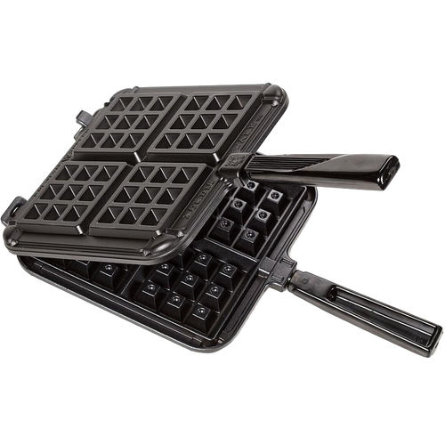Square cast aluminum stovetop waffle iron with deep-pocket grids and heatproof black handles, non-stick coated and made in USA, ideal for Kitchen & Food and Cookware collections.