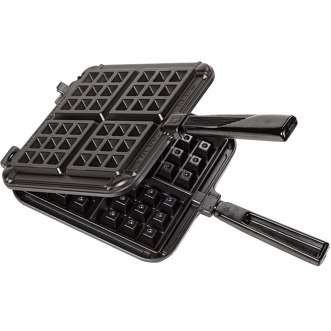 Square cast aluminum stovetop waffle iron with deep-pocket grids and heatproof black handles, non-stick coated and made in USA, ideal for Kitchen & Food and Cookware collections.