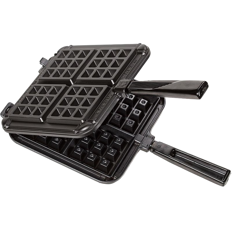 Square cast aluminum stovetop waffle iron with deep-pocket grids and heatproof black handles, non-stick coated and made in USA, ideal for Kitchen & Food and Cookware collections.