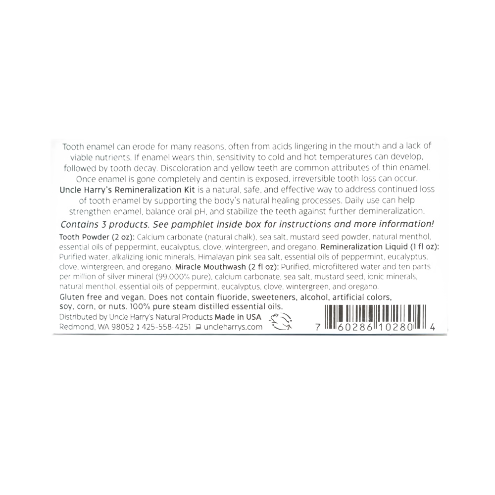Back view of a product label with detailed usage directions and ingredient information for a handcrafted remineralization kit made in USA, part of Health & Wellness and Grooming collections.