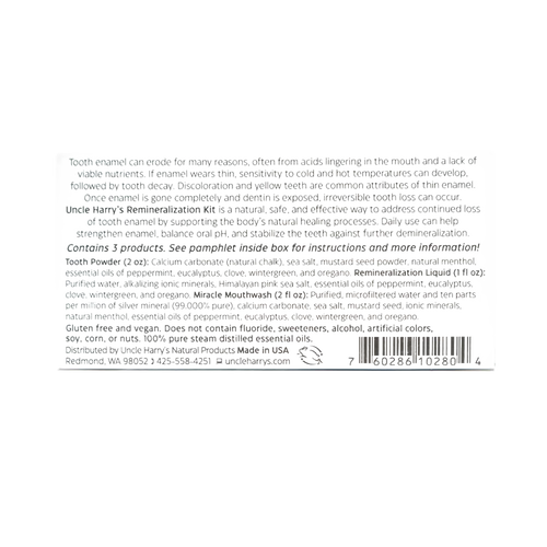 Back view of a product label with detailed usage directions and ingredient information for a handcrafted remineralization kit made in USA, part of Health & Wellness and Grooming collections.