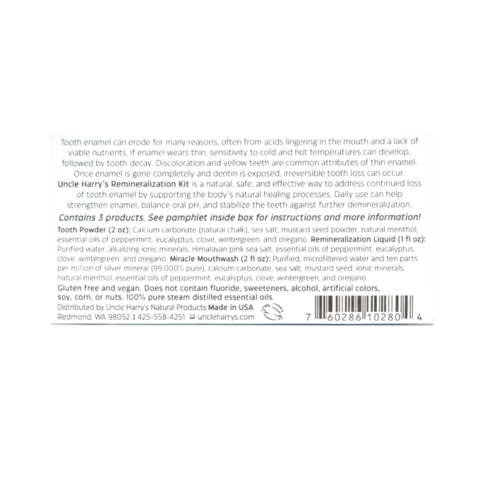 Back view of a product label with detailed usage directions and ingredient information for a handcrafted remineralization kit made in USA, part of Health & Wellness and Grooming collections.