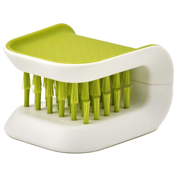 Compact knife and cutlery cleaning brush with lime green bristles and white ergonomic handle, designed for safe and efficient kitchen cleaning in household and kitchen gadget collections.