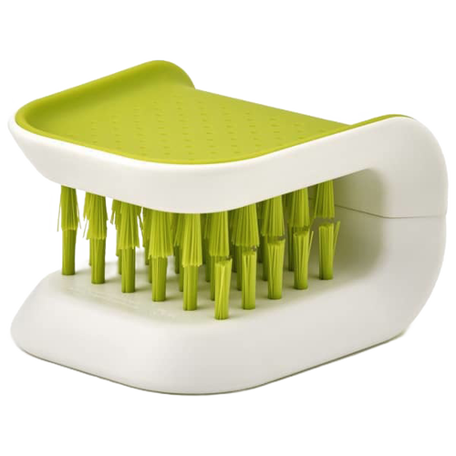 Compact knife and cutlery cleaning brush with lime green bristles and white ergonomic handle, designed for safe and efficient kitchen cleaning in household and kitchen gadget collections.