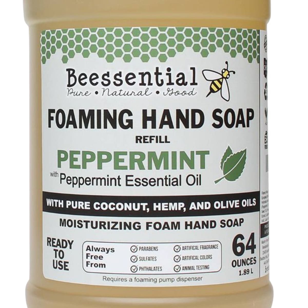 Handcrafted 64-ounce foaming hand soap refill infused with peppermint essential oil, made with pure coconut, hemp, and olive oils, featured in Health & Wellness, Grooming and Personal Hygiene, Soaps and Soapmaking, Soaps, USA Made, Best Sellers, and Promo Eligible collections.