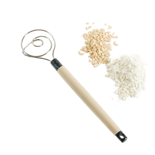 13.5-inch sturdy dough whisk with a beige handle and spiral stainless steel wire, shown alongside flour and rolled oats, ideal for Kitchen & Food and Baking Supplies collections.