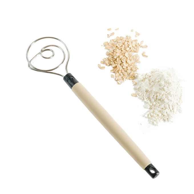 13.5-inch sturdy dough whisk with a beige handle and spiral stainless steel wire, shown alongside flour and rolled oats, ideal for Kitchen & Food and Baking Supplies collections.