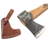 A handcrafted Scandinavian-style axe with a forged steel head and smooth wooden handle, shown alongside a brown leather sheath, ideal for farm, garden, and woodcutting tasks.