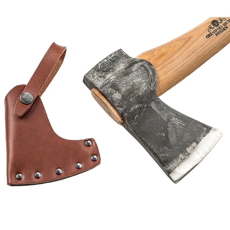 A handcrafted Scandinavian-style axe with a forged steel head and smooth wooden handle, shown alongside a brown leather sheath, ideal for farm, garden, and woodcutting tasks.