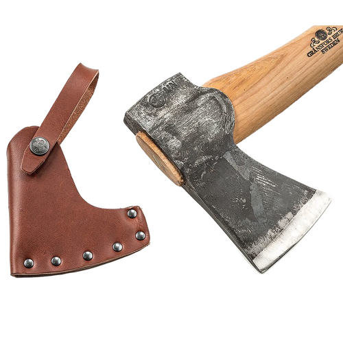 A handcrafted Scandinavian-style axe with a forged steel head and smooth wooden handle, shown alongside a brown leather sheath, ideal for farm, garden, and woodcutting tasks.