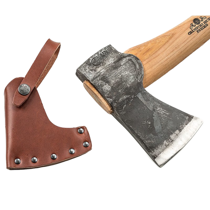 A handcrafted Scandinavian-style axe with a forged steel head and smooth wooden handle, shown alongside a brown leather sheath, ideal for farm, garden, and woodcutting tasks.
