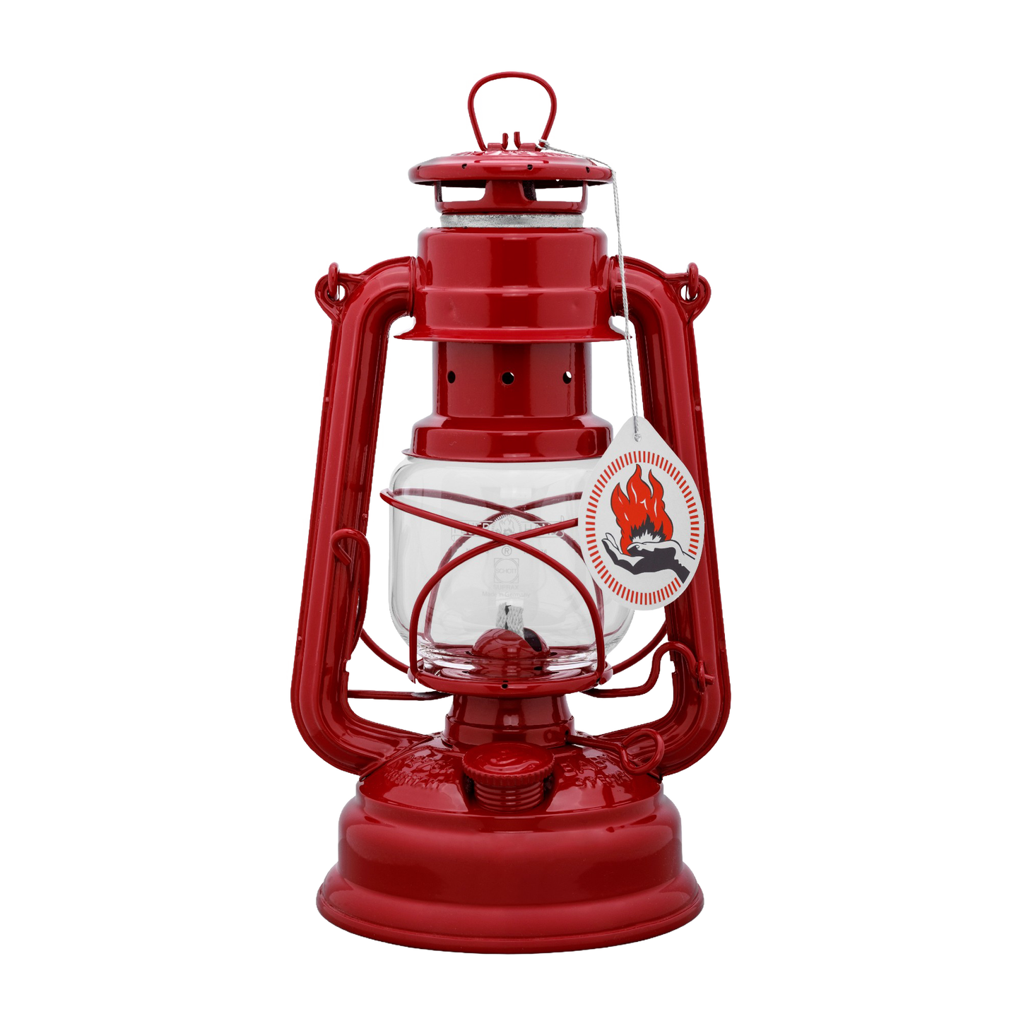 Handcrafted bright red galvanized oil lantern with clear thermal heat-resistant SUPRAX globe and vintage-style label, ideal for Lamps & Lighting, Camping, Emergency Supplies, and Outdoors collections.