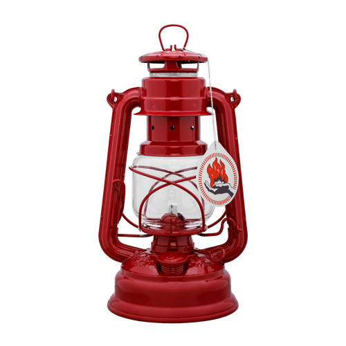 Handcrafted bright red galvanized oil lantern with clear thermal heat-resistant SUPRAX globe and vintage-style label, ideal for Lamps & Lighting, Camping, Emergency Supplies, and Outdoors collections.