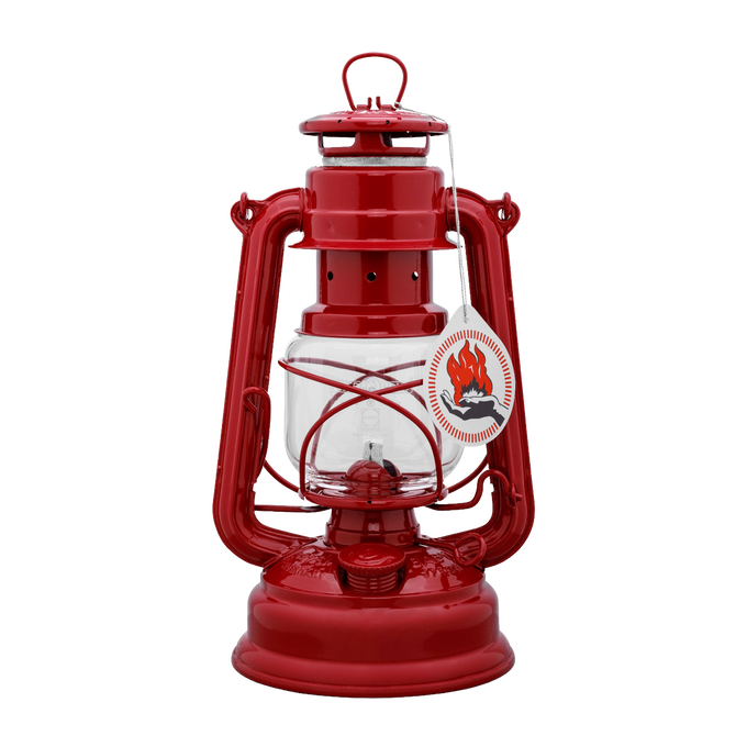 Handcrafted bright red galvanized oil lantern with clear thermal heat-resistant SUPRAX globe and vintage-style label, ideal for Lamps & Lighting, Camping, Emergency Supplies, and Outdoors collections.